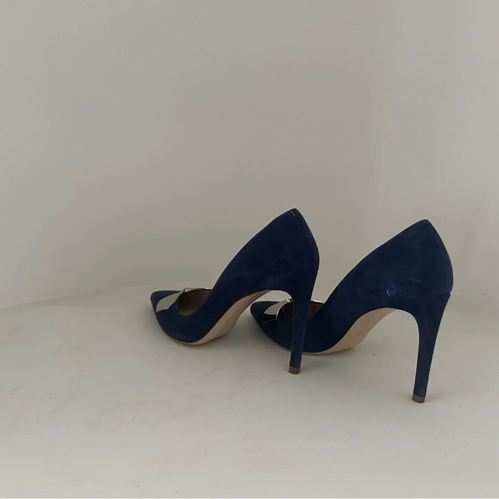 Stuart Weitzman Navy Blue Suede Pointed Toe Heels with Silver Accent - Picture 9 of 11